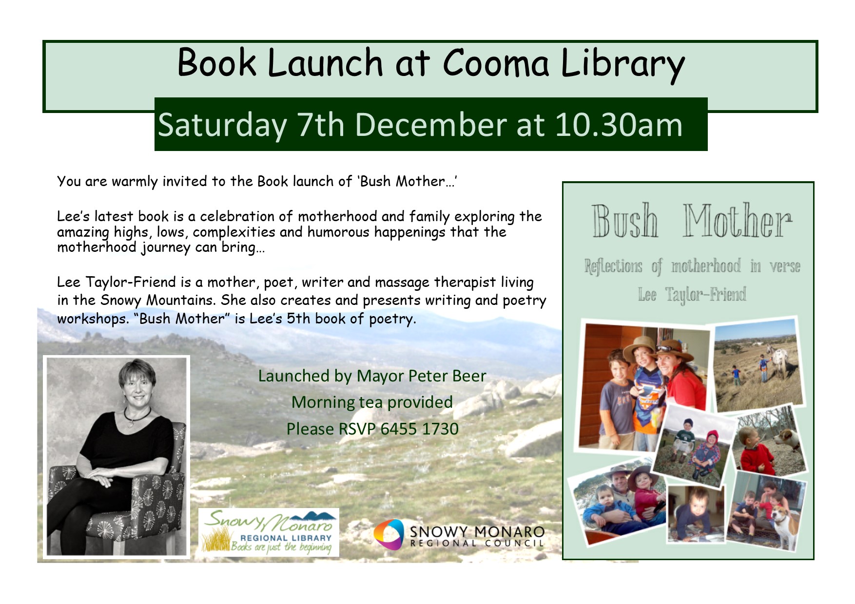 Book Launch Lee Taylor Friend Bush Mother flyer