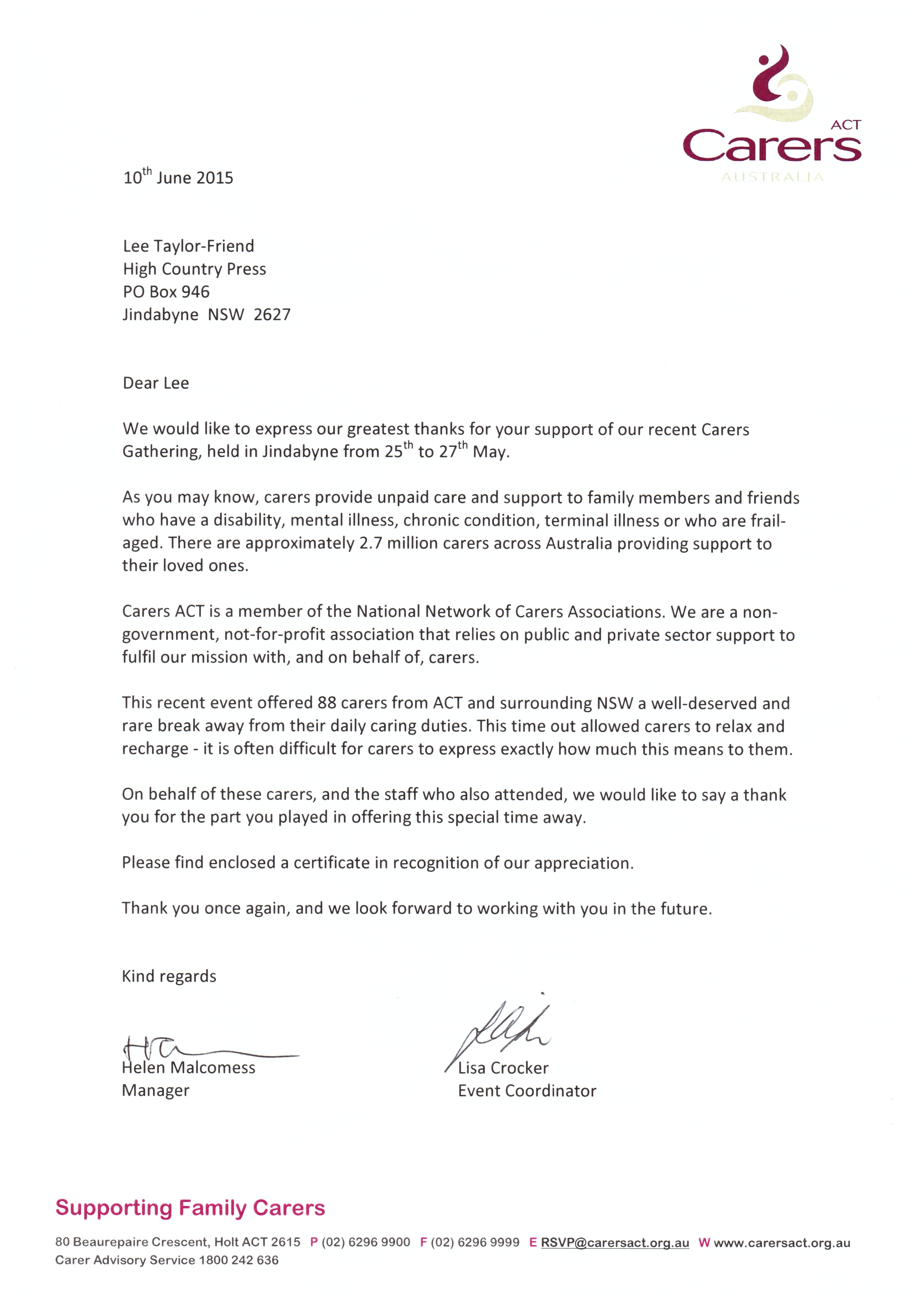 Carers ACT thankyou letter to Lee Taylor Friend 10.6.15